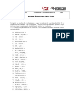 Disciplina: Química Inorgânica 1º Semestre - Processos Químicos Data