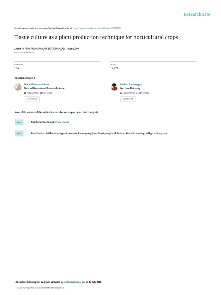 Tissue Culture As A Plant Production Technique For Horticultural Crops