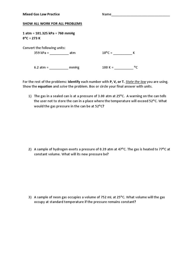 Mixed Gas Law Worksheet PDF