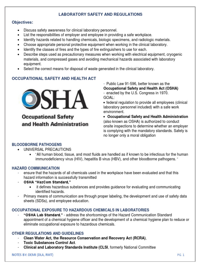 Laboratory Safety and Regulations 1 PDF Laboratories Dangerous Goods