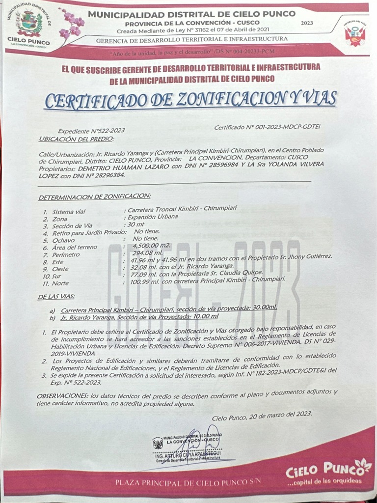 Certificado Zonificación y Vías Cielo Puncu | PDF