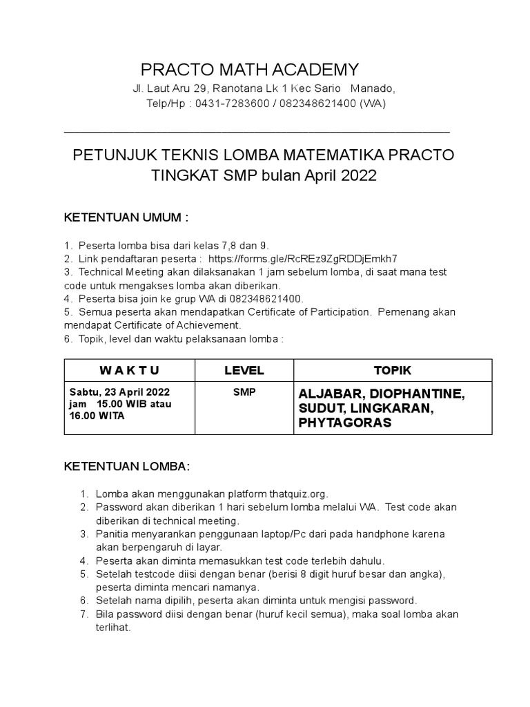 Lomba Matematika SMP Practo 2022 | PDF