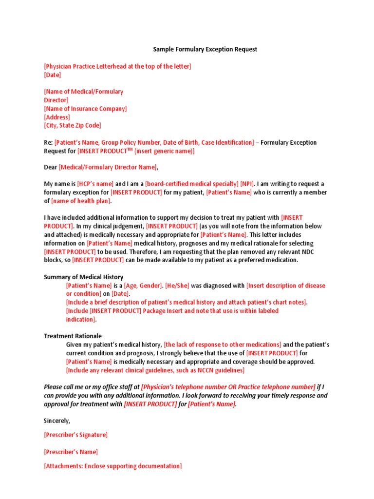 Sample Letter For Formulary Exceptions PDF