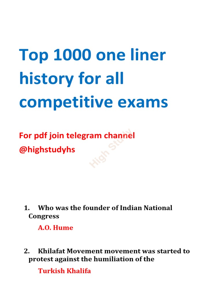 Top 1000 One Liner History For All Competitive Exams For PDF Join