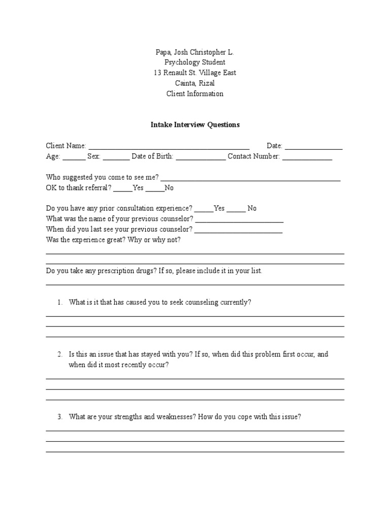 Intake Interview | PDF | Counseling Psychology | Psychology
