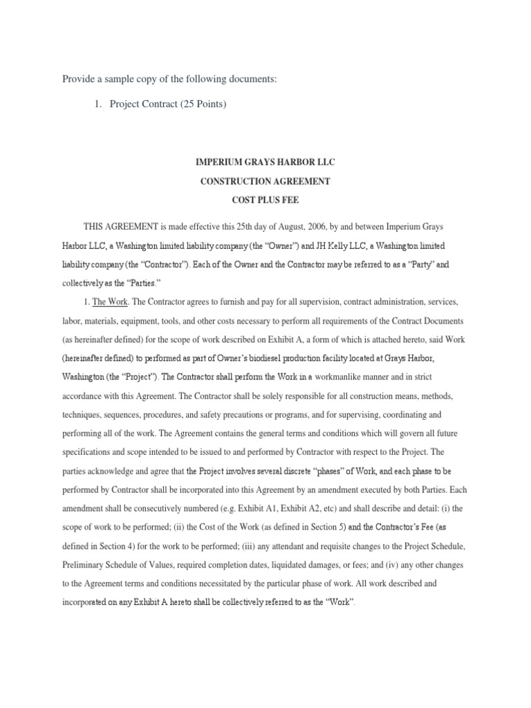 Provide A Sample Copy of The Following Documents: 1. Project Contract ...