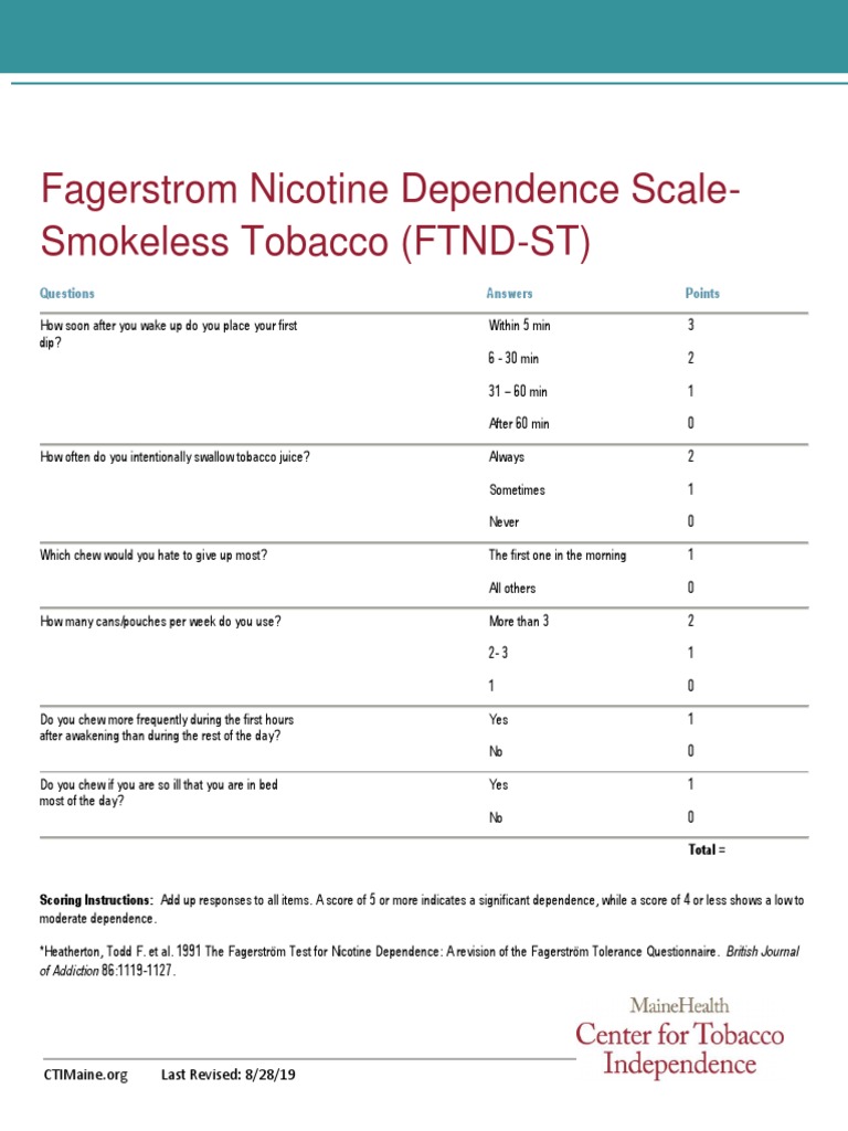 FagerstromScaleforNicotineDependenceSmokelessTobacco PDF