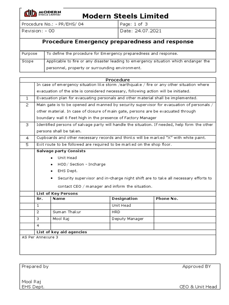 Procedure For Emergency Response Plan PDF Emergency Management