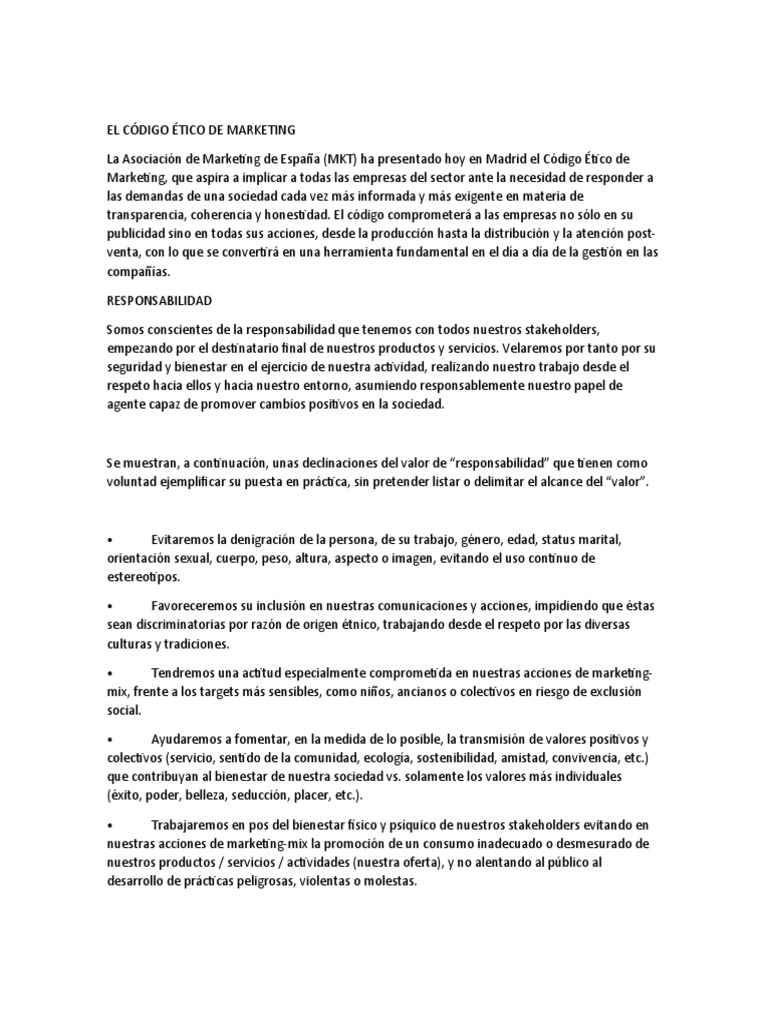 El Código Ético de Marketing | PDF | Marketing | Mercado (economía)