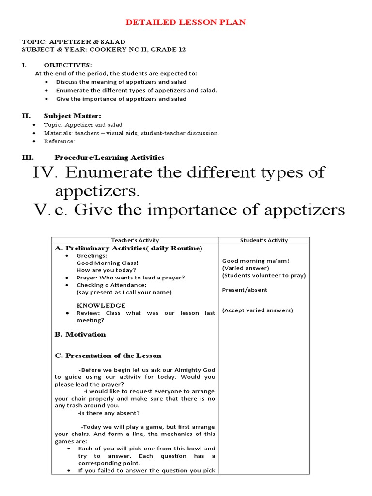 Appetizer and Salad Lesson Plan | PDF | Hors D'oeuvre | Salad