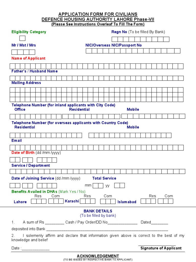 DHA Lahore Civilian Application Form | PDF | Identity Document | Government
