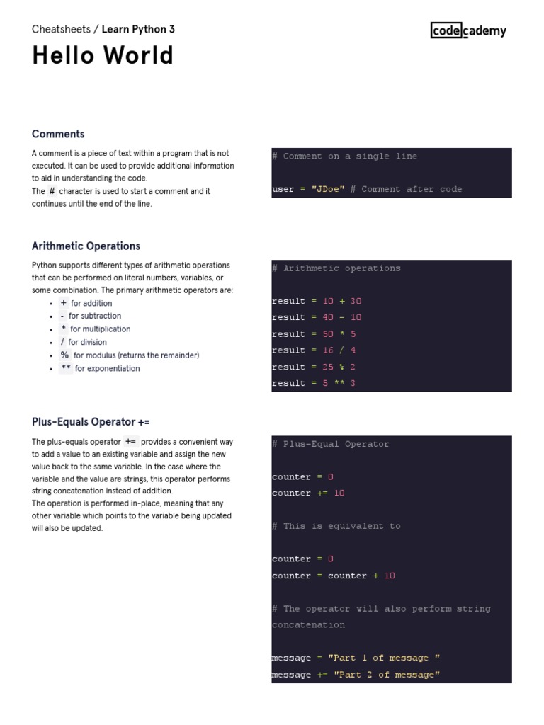 Learn Python 3 - Hello World Cheatsheet - Codecademy | PDF | Parameter ...