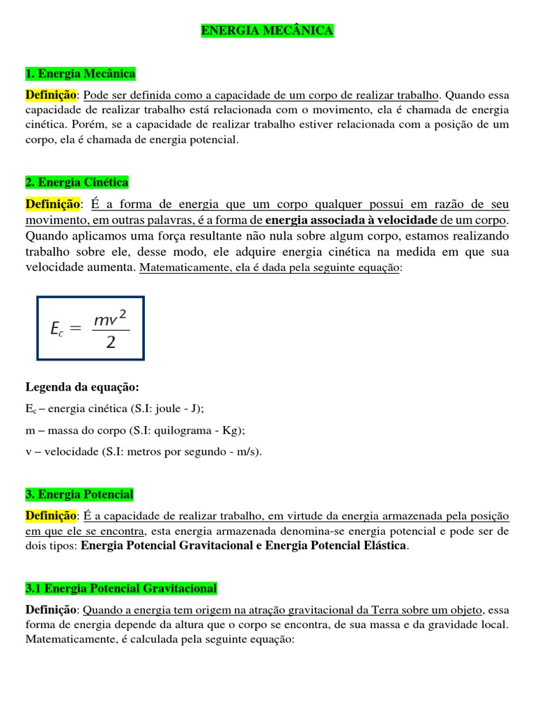 Resumo - 1º Ano - Energia Mecãnica | PDF | Energia potencial | Energia  cinética, image size:768x1024