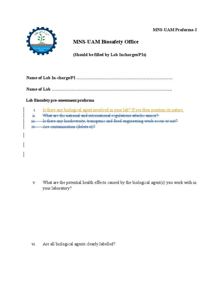 Laboratory Biosaety Proforma-I | PDF