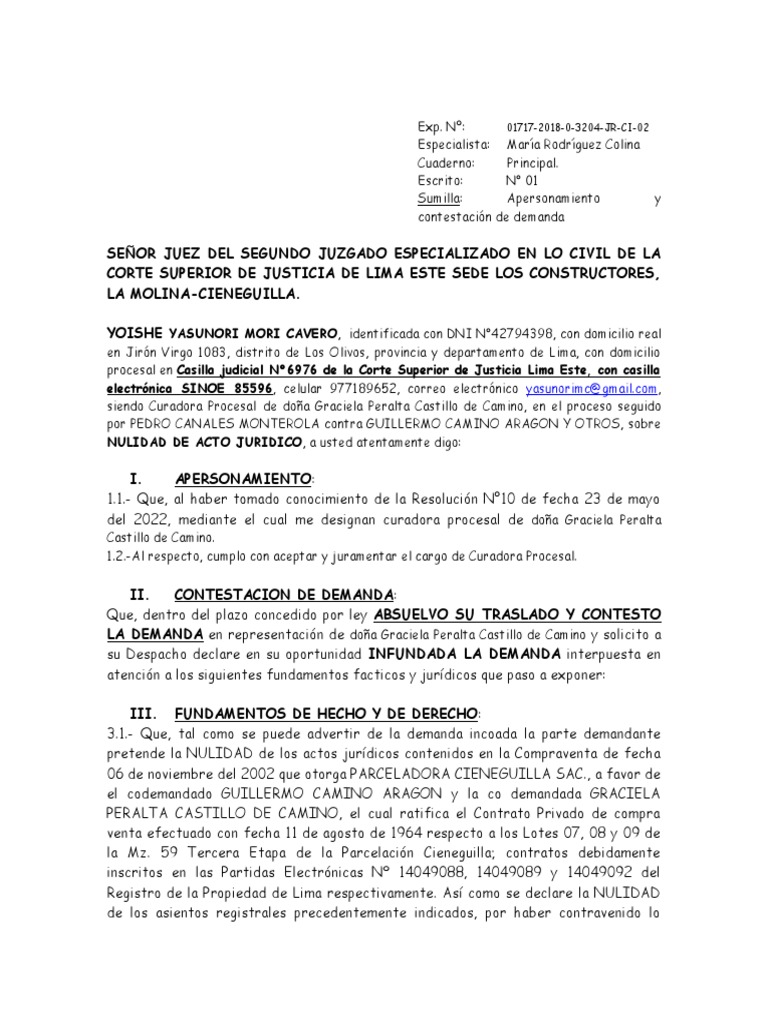 01717-2018 Apersonamiento y Contestación de Demanda | PDF | Demanda ...