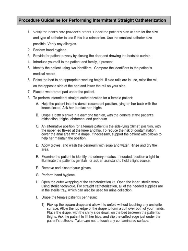 Performing Intermittent Straight Catheterization PDF Medical