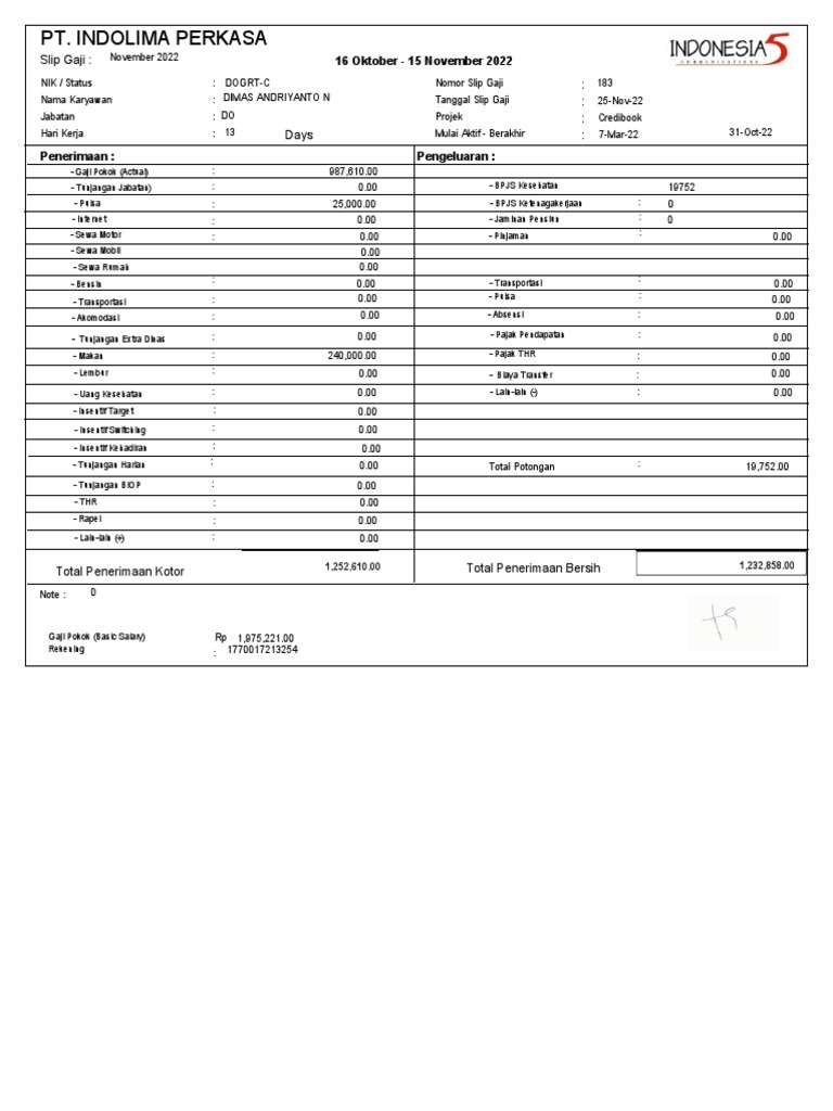 Slip Gaji Karyawan PT Indolima Perkasa | PDF