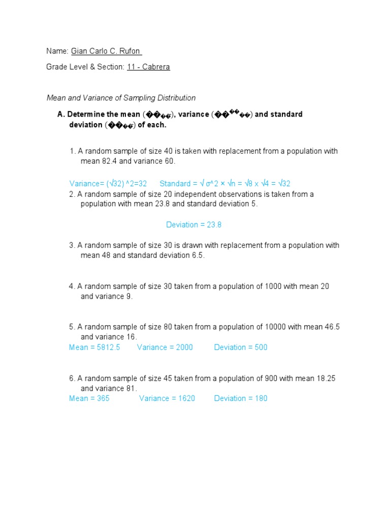 Mean and Variance of Sampling Distribution | PDF | Variance | Standard ...