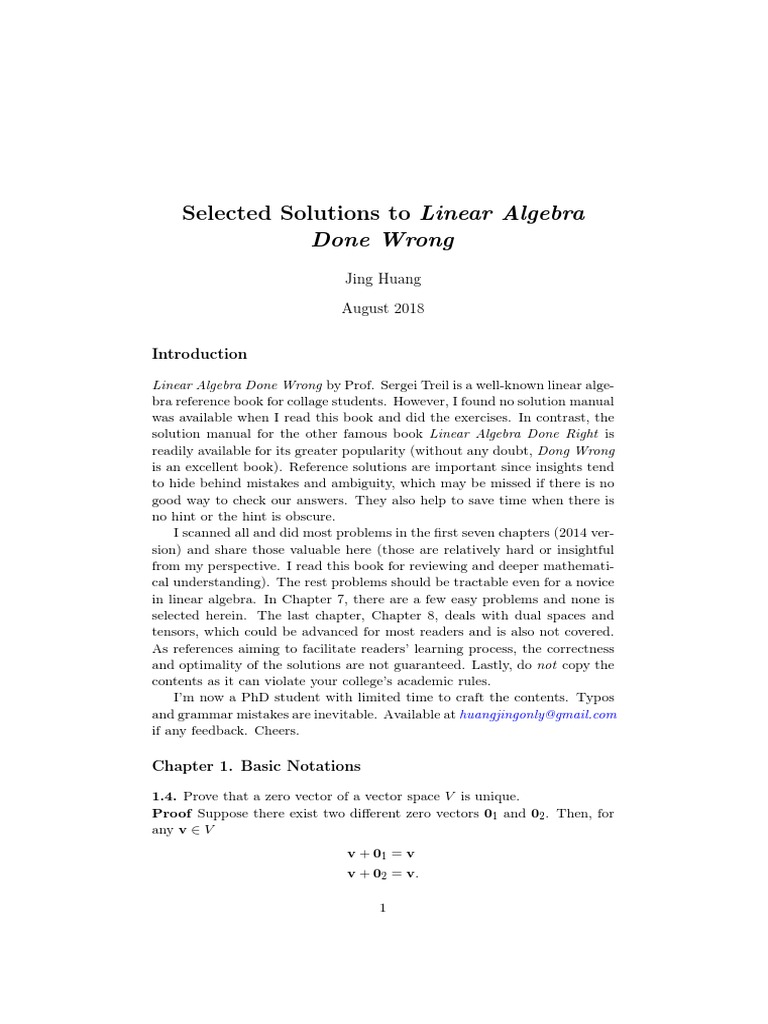 Selected Solutions To Linear Algebra Done Wrong Download Free Pdf