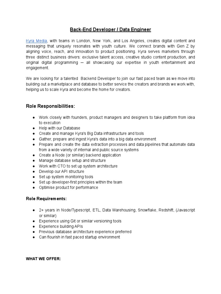 Backend Developer Role at Kyra Media | PDF | Databases | Computing