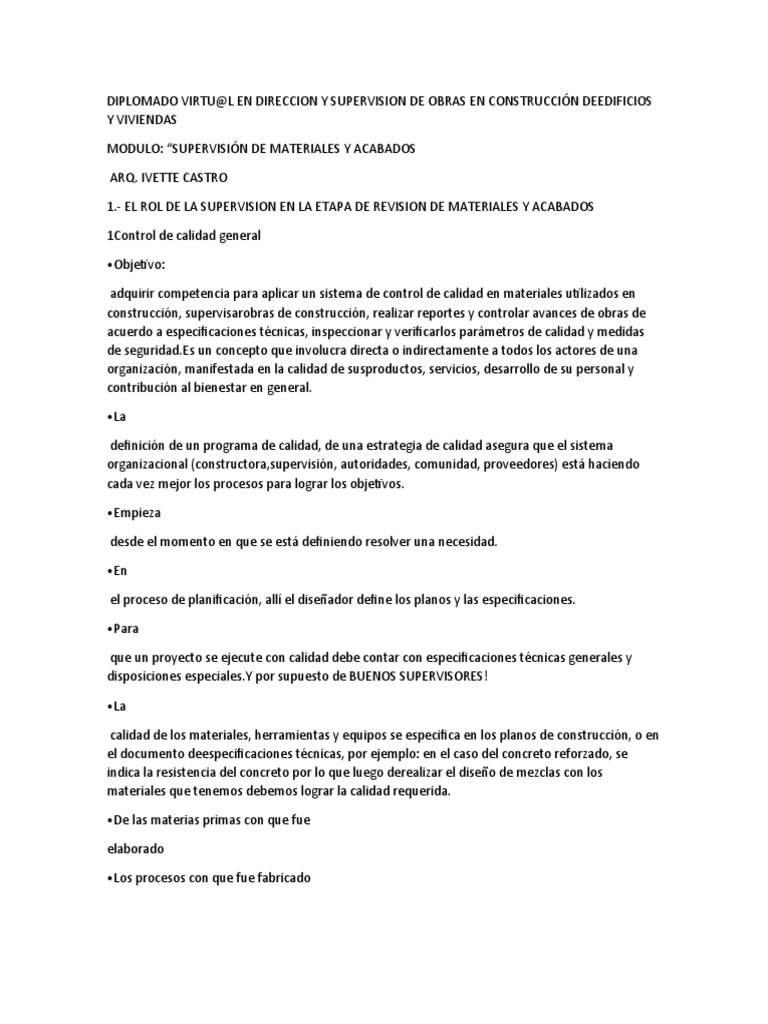 Supervisión de Materiales en Construcción | PDF | Calidad (comercial ...