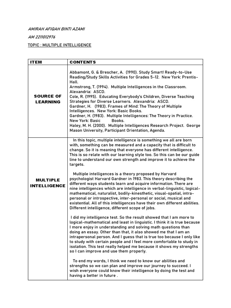 Multiple Intelligence PDF Intelligence Learning
