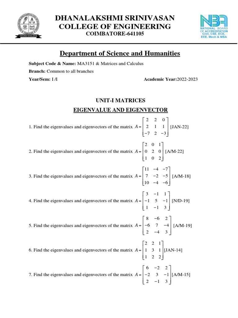 MA3151 Matrices and Calculus Syllabus | PDF