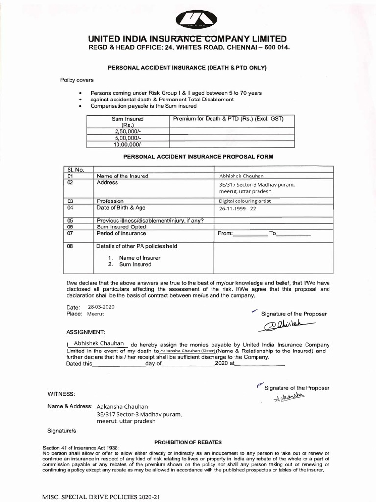Abhishek Chauhan - Insurance Form | PDF