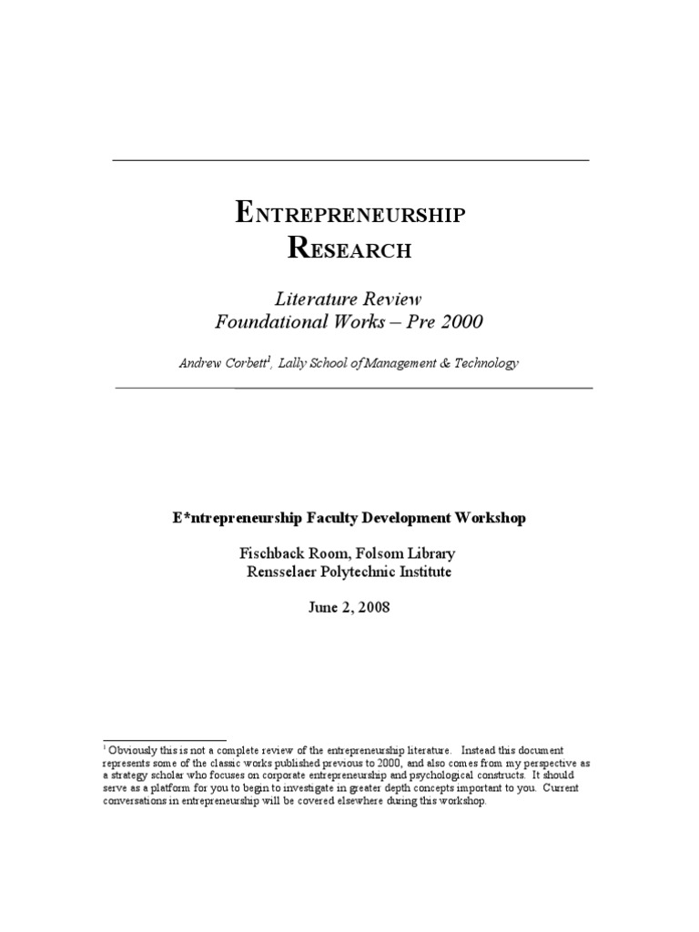 Ntrepreneurship Esearch: Literature Review Foundational Works - Pre ...