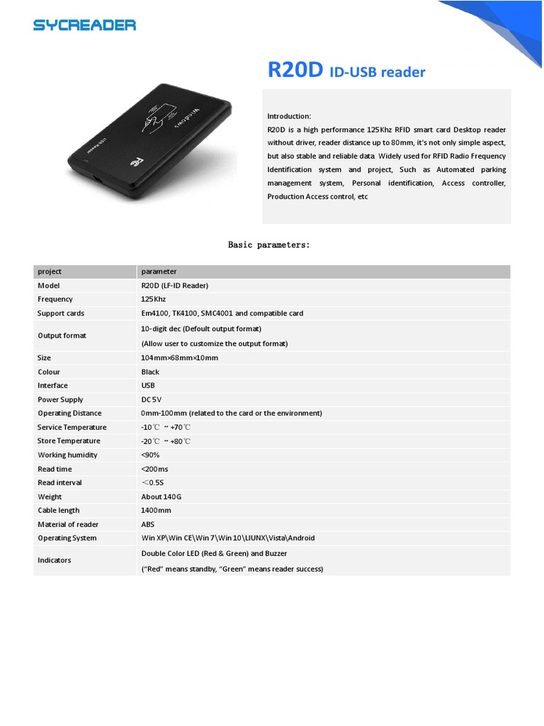 R20D ID USB Reader | PDF | Radio Frequency Identification | Usb