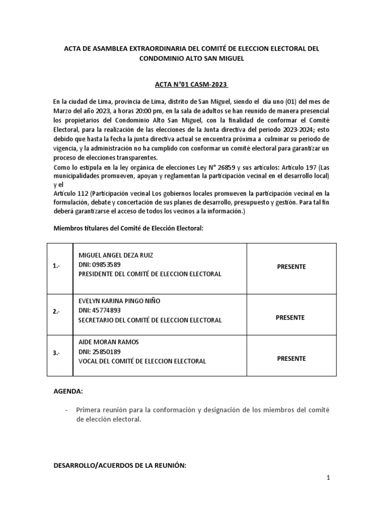 Acta de Comite Electoral | PDF | Condominio | Gobierno