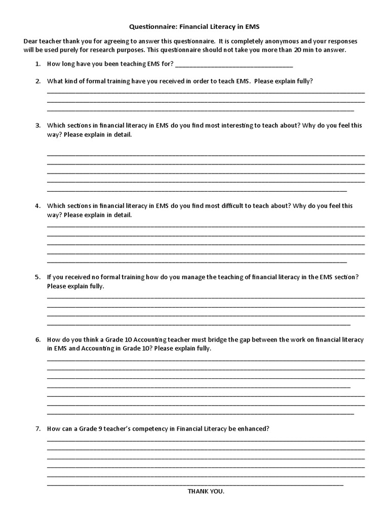 Questionnaire Financial Literacy in EMS WIL 1 TASK Latest | PDF ...
