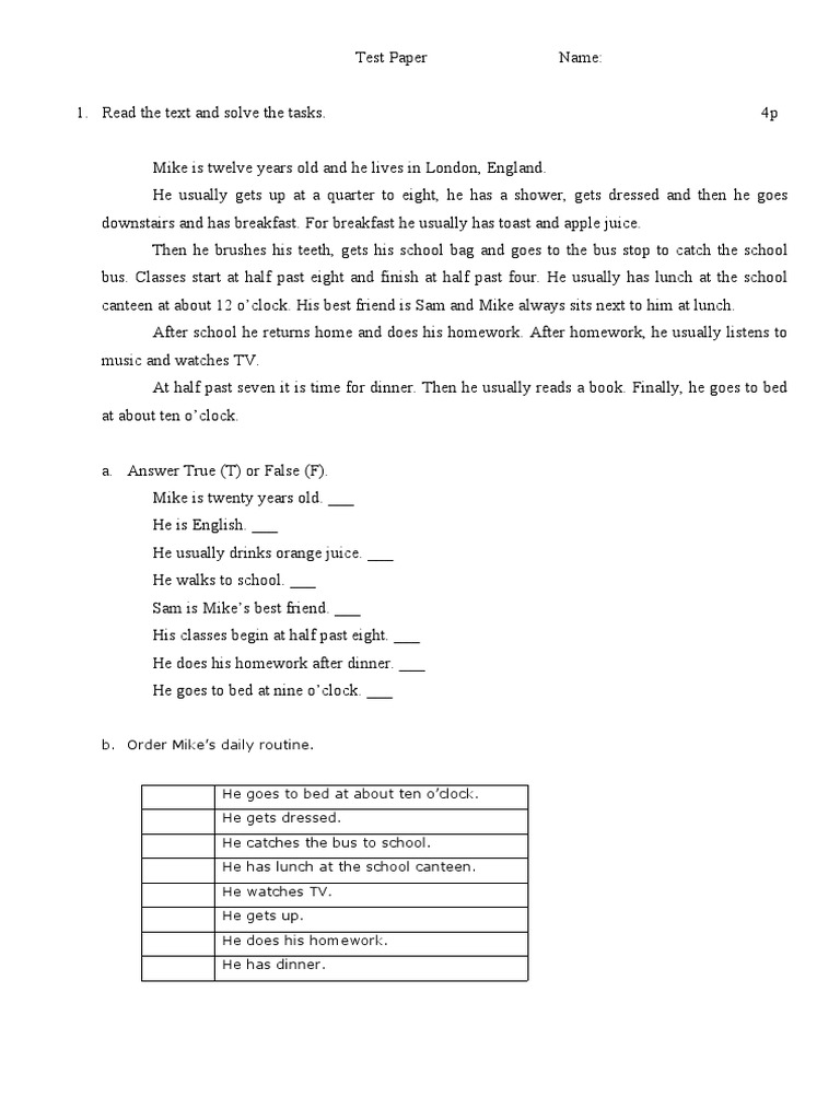 Mike's Daily Routine Test Paper | PDF | Lunch