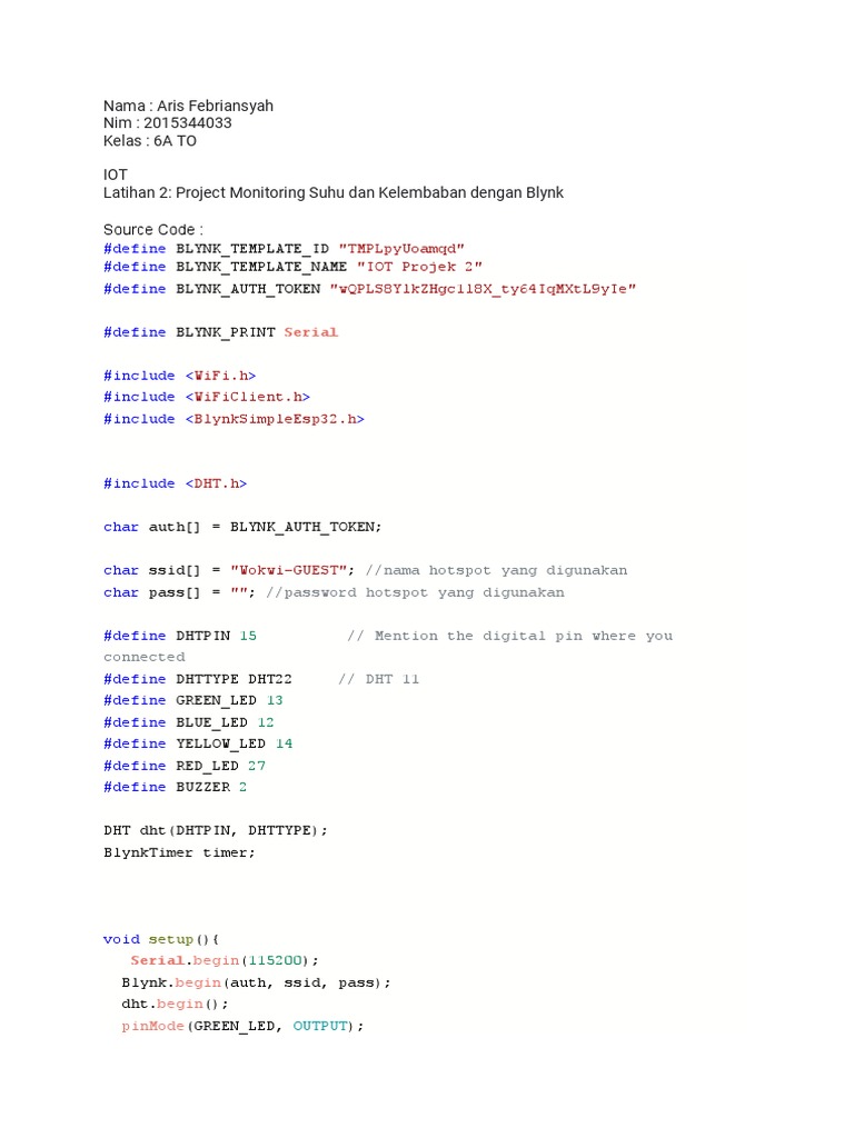 Source Code Project Monitoring Suhu Dan Kelembaban Dengan Blynk | PDF ...
