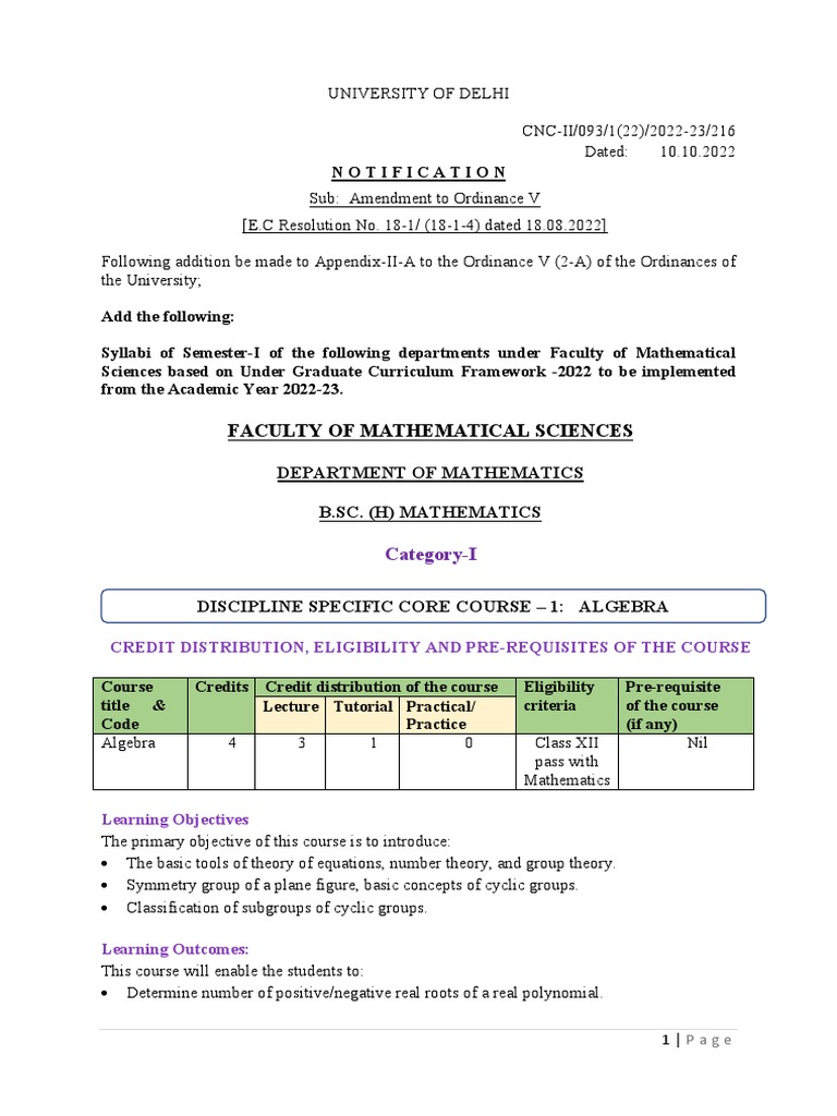 Faculty of Mathematical Sciences: Department of Mathematics B.Sc. (H ...