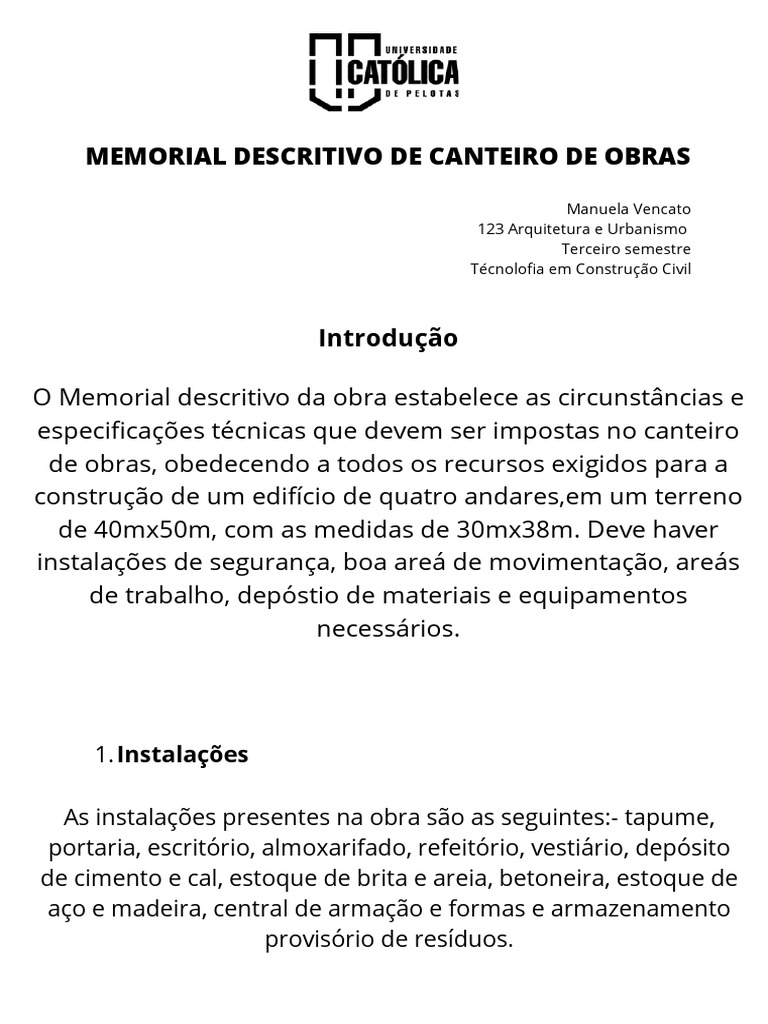 Memorial descritivo detalhado das instalações e especificações técnicas ...