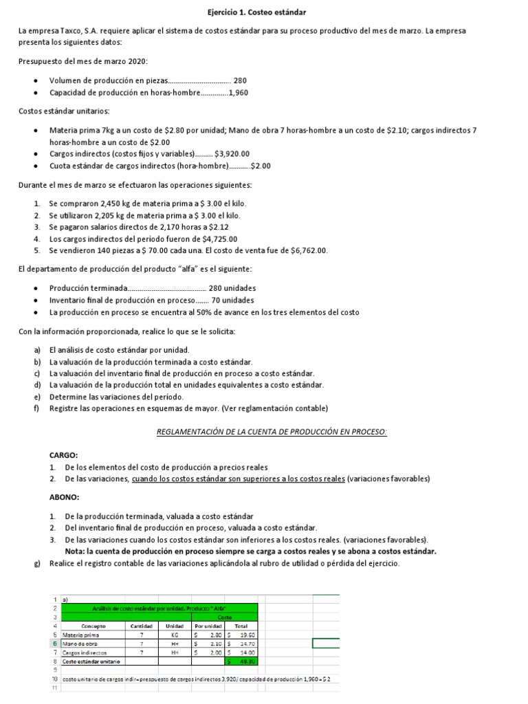 Costo Estándar Ejercicio 1 Pdf Presupuesto Negocios Económicos