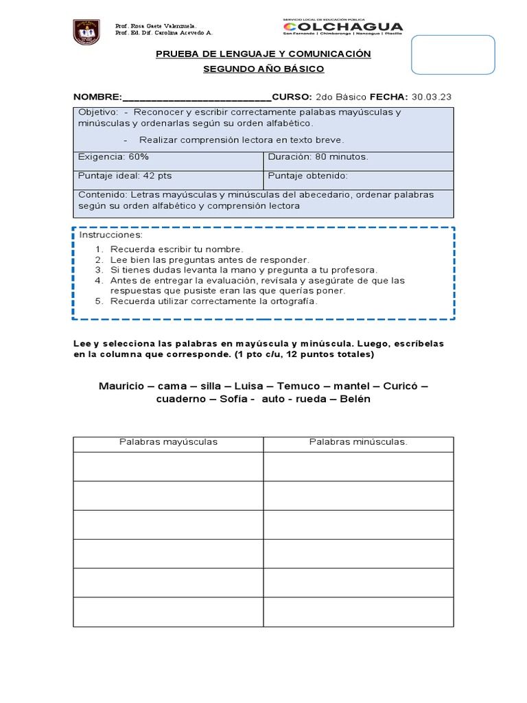 Prueba de Lenguaje 2° Básico | PDF