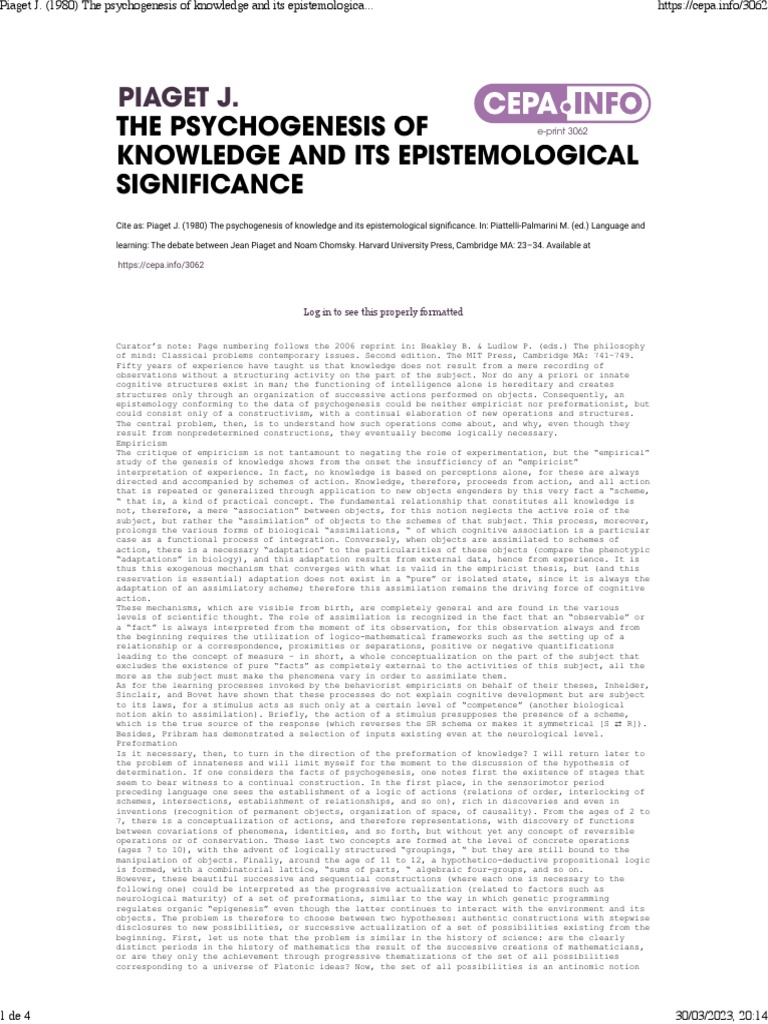 PDF) Jean Piaget's Genetic Epistemology as a Theory of Knowledge Based on  Epigenesis