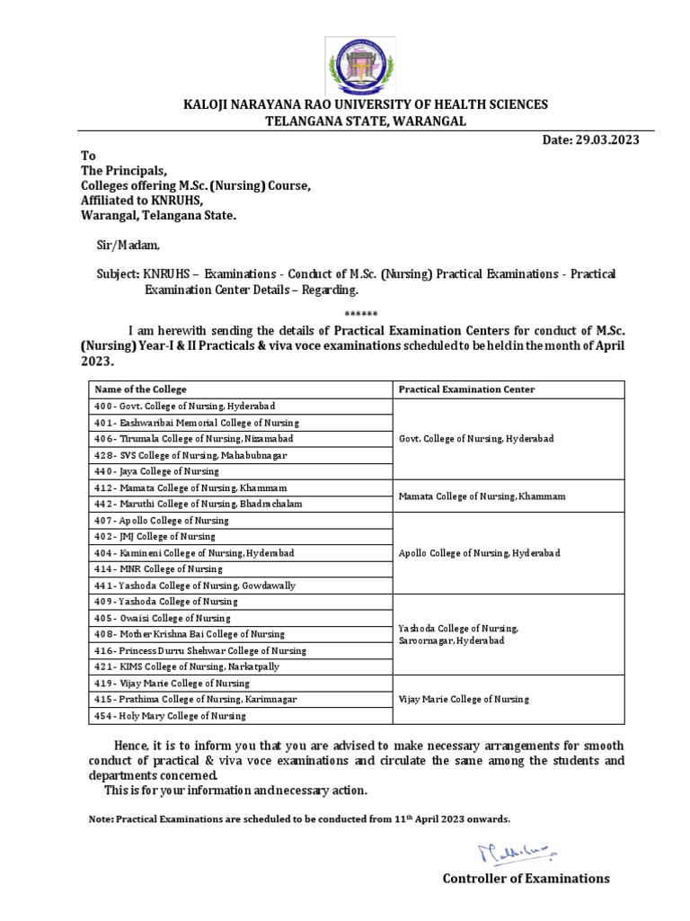 KNRUHS M.Sc. Nursing Practical Exam Centers | PDF | Nursing | Health Care