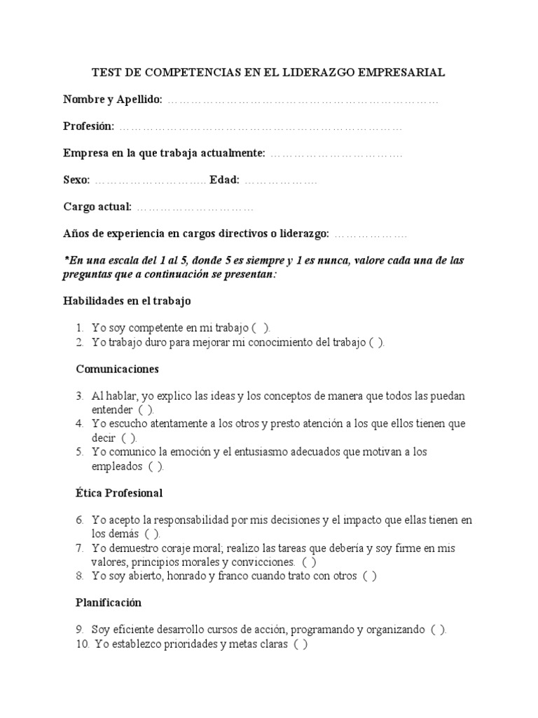 Test de Competencias en Liderazgo Empresarial | PDF | Liderazgo