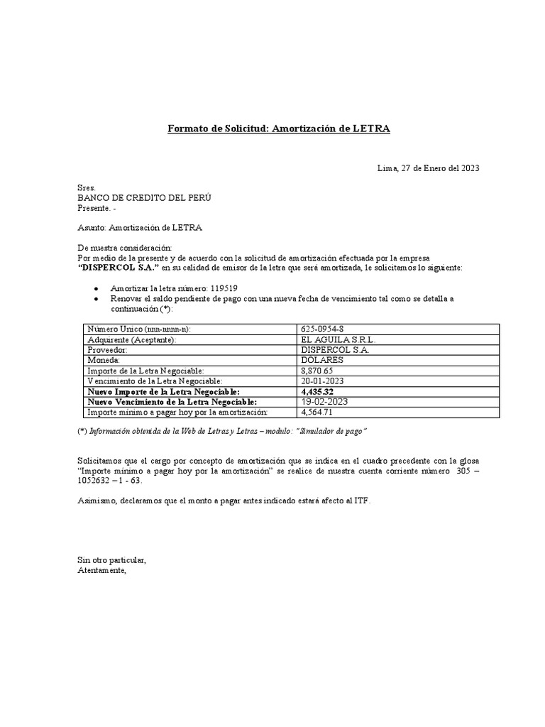 Solicitud de Amortización de Letra | PDF