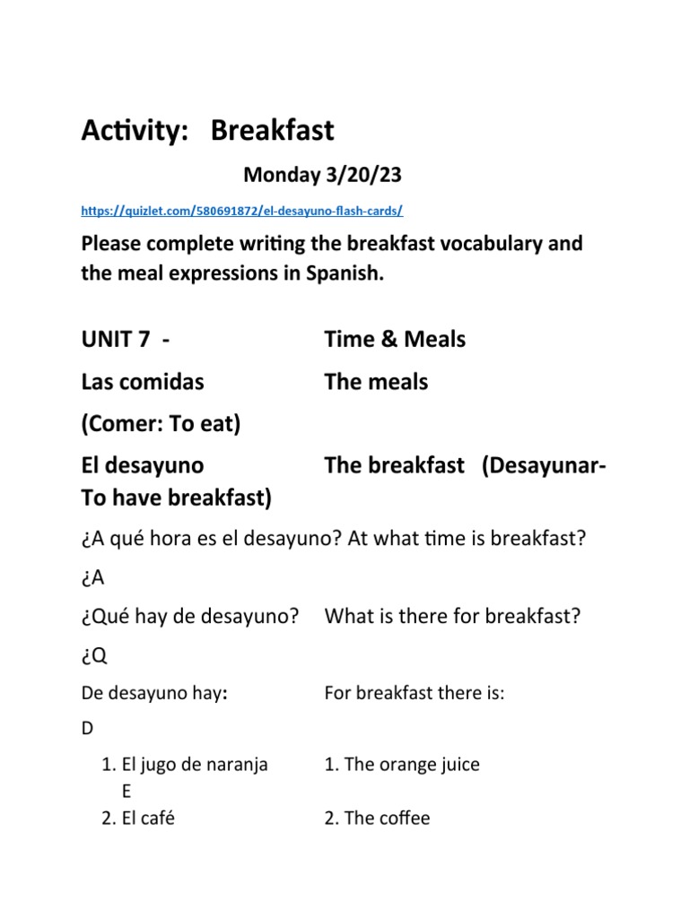 Activity Breakfast in Spanish PDF