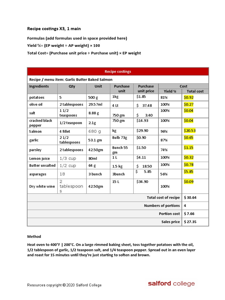 Recipe Costings Main | PDF