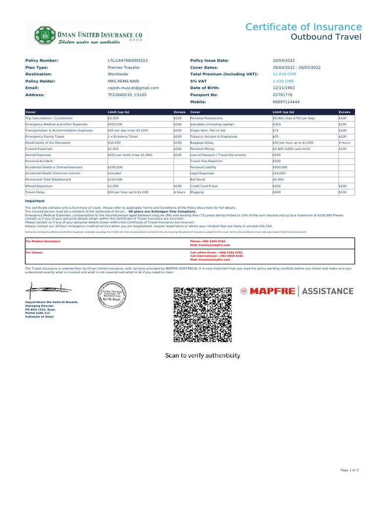 Travel Certificate PDF Insurance Oman