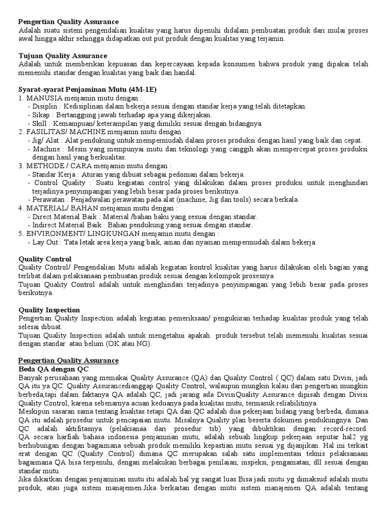 Pengertian Quality Assurance | PDF
