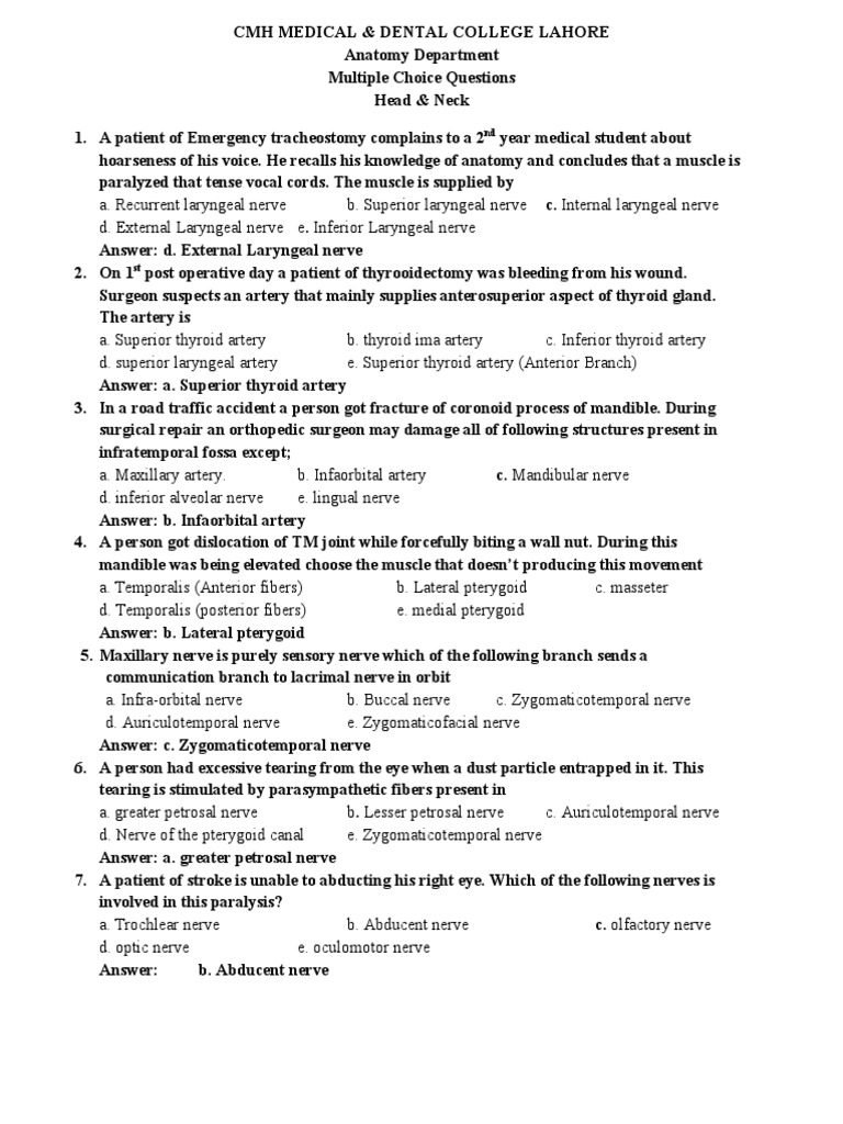 CMH MEDICAL &amp; DENTAL COLLEGE LAHORE Multiple Choice Questions Head ...