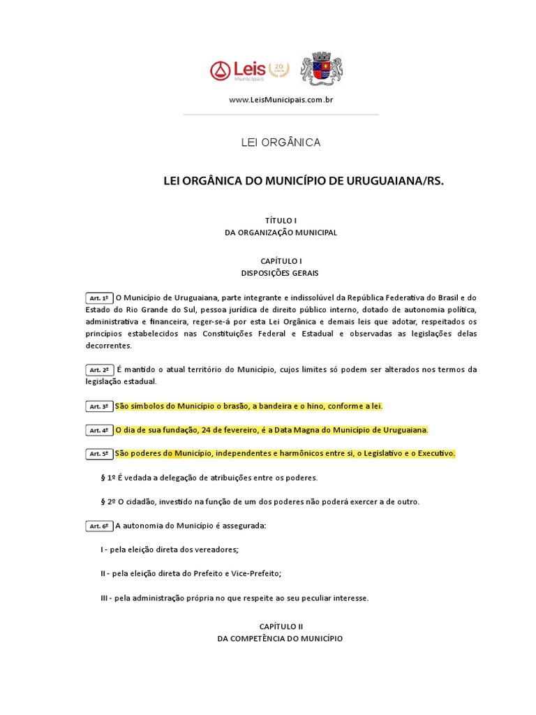 Lei Orgânica de Uruguaiana - RS | PDF | Vereador | Emenda Constitucional