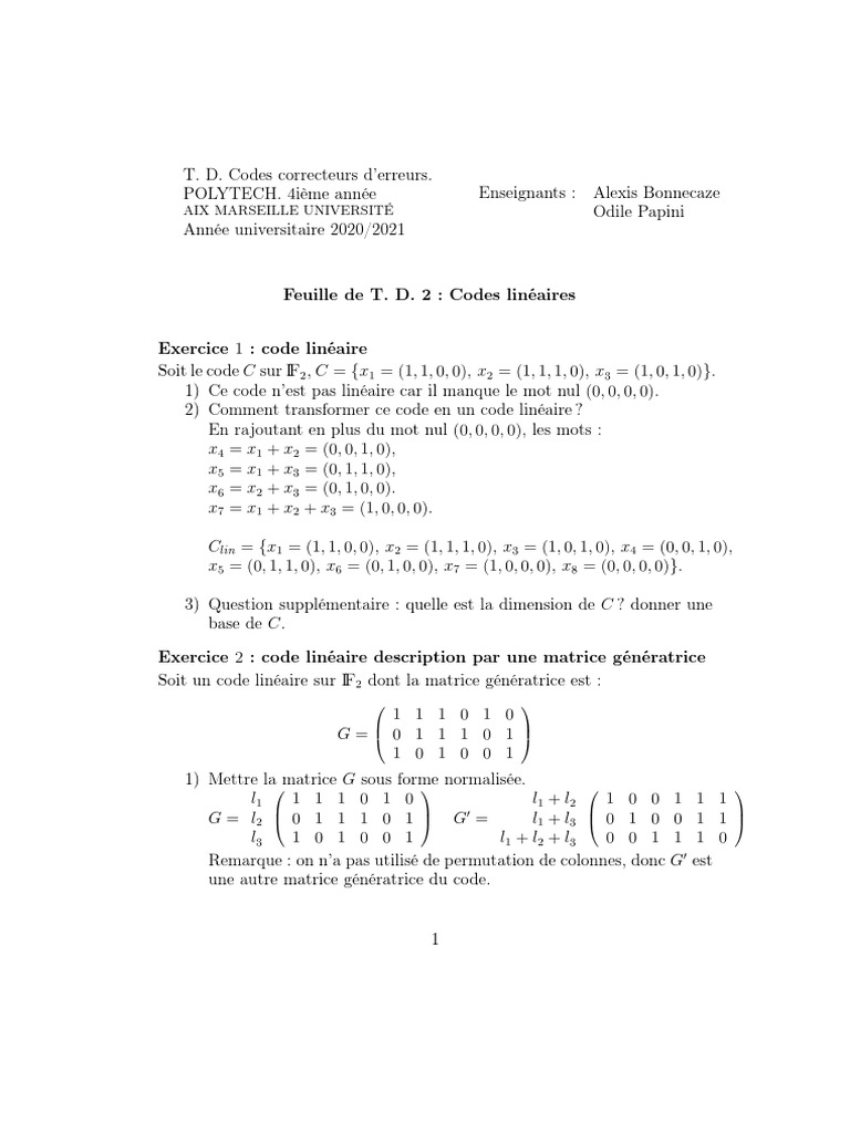 Codes Linéaires et Matrices Génératrices | PDF | Algèbre | Algèbre linéaire